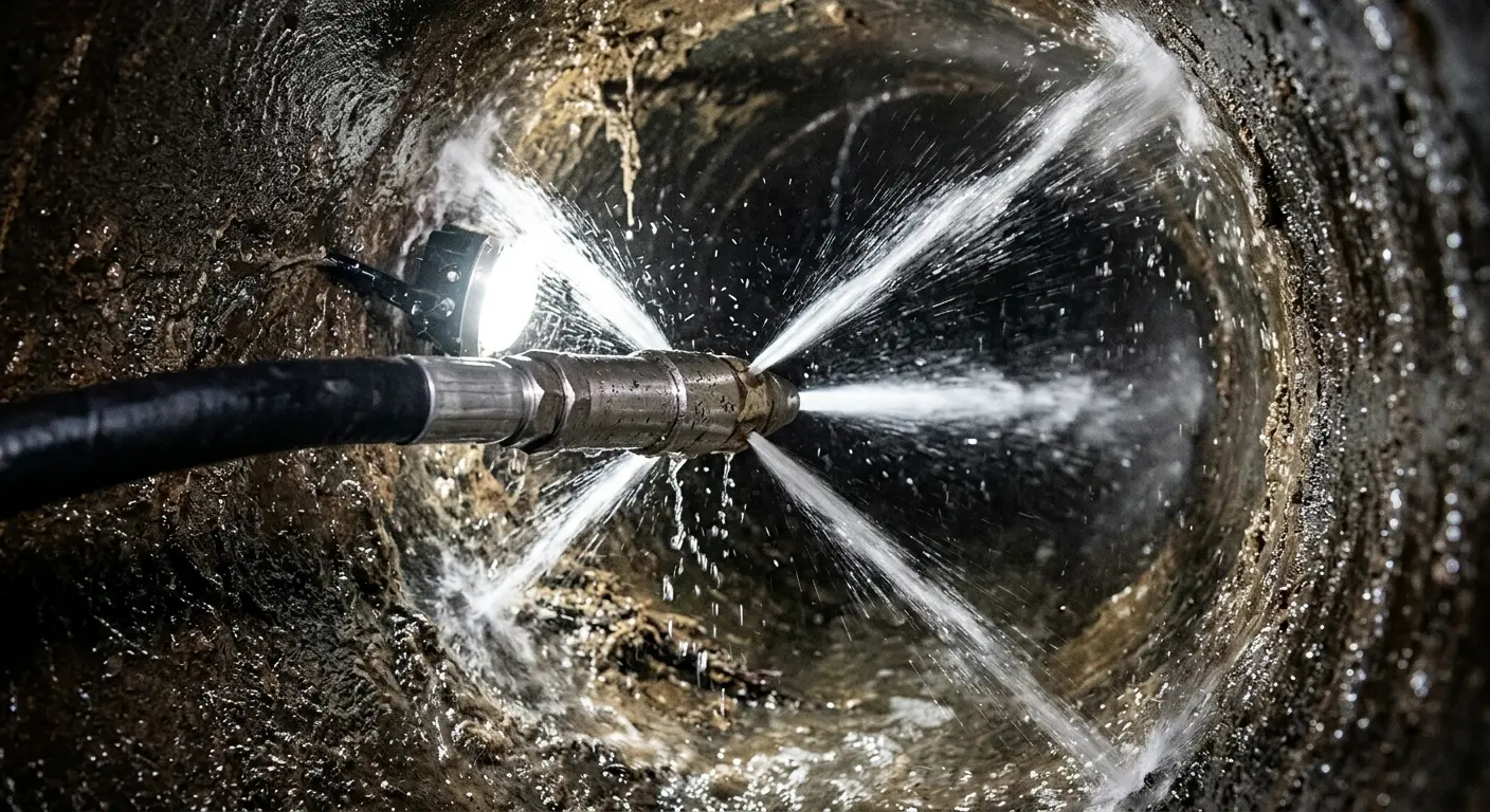 High-pressure hydro jetting nozzle cleaning sewer pipe for Emergency Drain Service in Conway