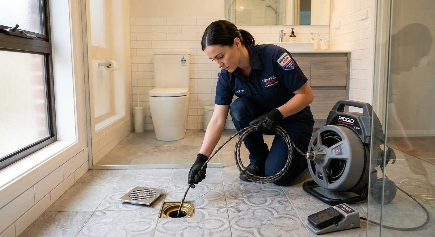 Technician clearing a bathroom floor drain for Drain Repair in Conway